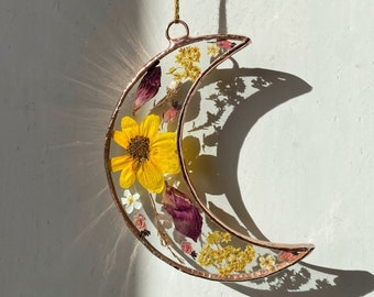 Handmade stained glass pressed flower moon