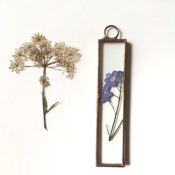 Glass pressed flower frame - Thin Rectangle - Forget-me-not - Wall hanging