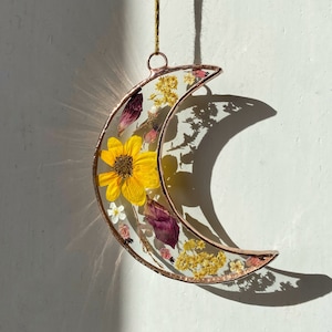 Handmade stained glass pressed flower moon