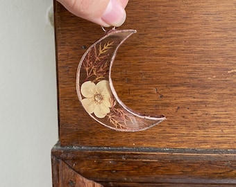 Glass pressed fern frame - Crescent moon - Autumn  - Wall hanging