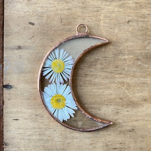 Handmade glass frame with pressed daisy flowers Moon image 1