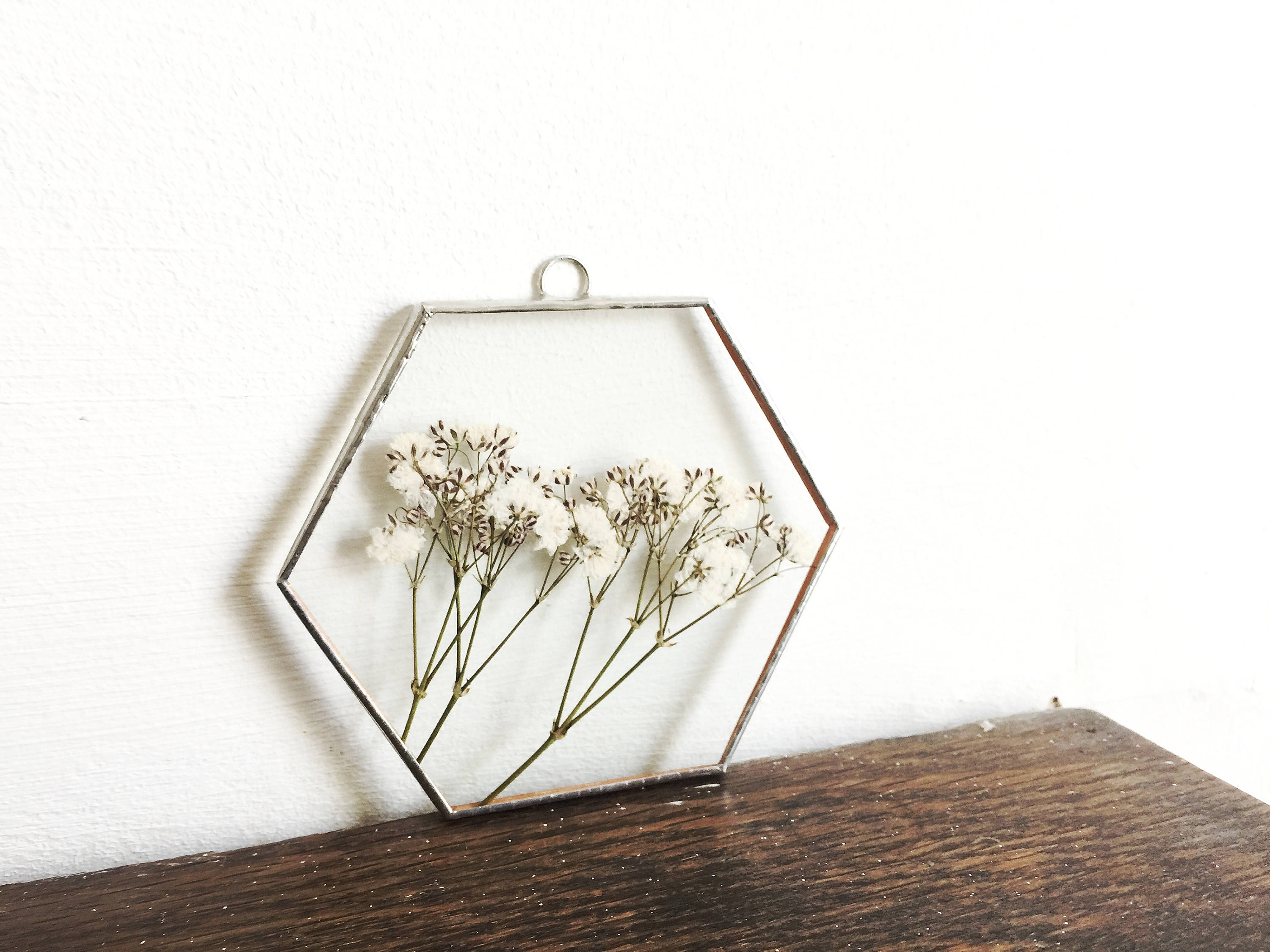 Glass Pressed Flower Frame - Hexagon Babies Breath Real Flowers Wall Hanging
