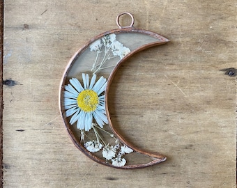 Glass pressed flower frame - Crescent moon - Daisies and babies breath - Wall hanging