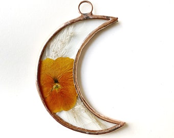 Glass pressed fern frame - Crescent moon - orange viola and pampas grass - Wall hanging