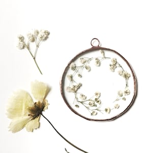 Glass pressed round circle flower frame Gypsophila babys breath Wall hanging image 1