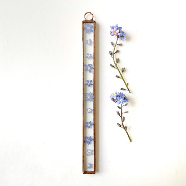 Handmade glass frame with pressed forget me not flowers - Very small thin *please check measurements before purchasing*