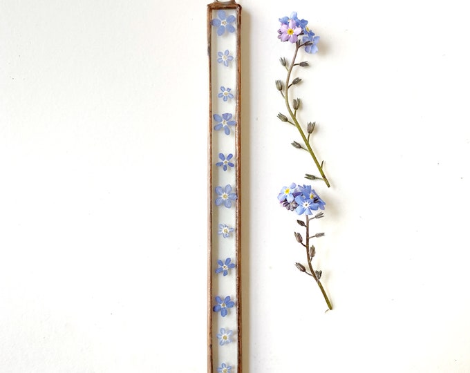 Handmade glass frame with pressed forget me not flowers - Very small and thin - Please check measurements before you purchase