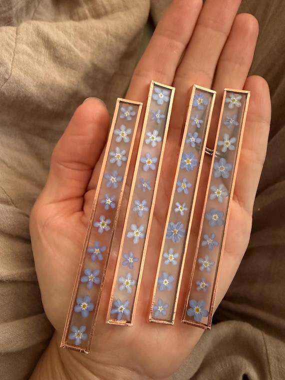 Handmade glass frame with pressed forget me not flowers - Very small thin *please check measurements before purchasing*
