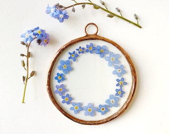 Glass pressed round circle flower frame - Forget me not - blue - Wall hanging