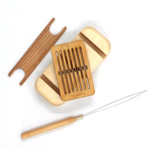 Small weaving kit, loom and shuttle, threader and holder, backstrap weaving, tape and inkle making, rigid heddle