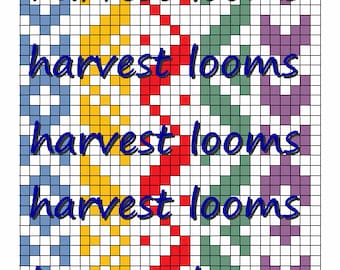 Könnte beinhalten: Ein farbenfrohes Grafikdesign mit dem Text "harvest looms", der fünfmal wiederholt wird. Das Design zeigt ein Rastermuster mit abwechselnden Quadraten in Blau, Gelb, Rot, Grün und Lila.