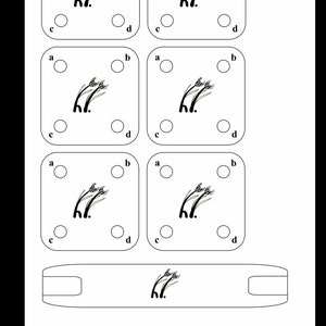Pode incluir: Uma ilustração em preto e branco de uma planta de grama estilizada com a letra "M" no centro. A ilustração é repetida em quatro quadrados brancos com contornos pretos. Cada quadrado tem quatro círculos etiquetados "a", "b", "c" e "d" ao redor das bordas. A ilustração também é repetida em um retângulo branco com contornos pretos.