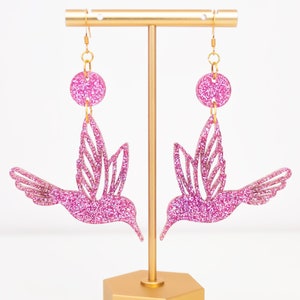 Hummingbird Earrings, Glitter Acrylic Dangles, Gift For Friend, Big Bold Earrings, Fun Jewelry, Gifts For Her, Self Gift Jewelry