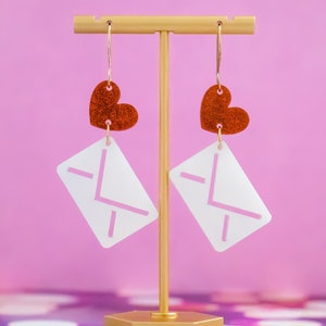 Valentines Earrings Love Letter Heart Dangles, Valentines Jewelry, Statement Earrings