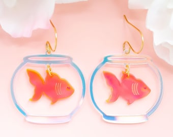 Fishbowl Earrings, Acrylic Dangles, Animal Earrings Dangle, Gift For Friend, Big Bold Earrings, Fun Jewelry