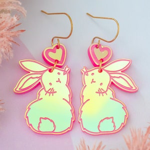 Holographic Bunny Easter Earrings, Rabbit Dangles, Pink Statement Earrings