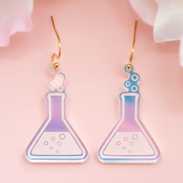 Science Earrings Holographic, STEM Jewelry, Flask Earrings