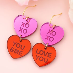 Valentines Earrings Conversation Hearts Dangles, Valentines Jewelry, Statement Earrings