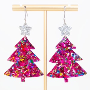 Christmas Tree Earrings, Festive Jewelry, Pink Christmas Tree, Acrylic Dangles, Holiday Earrings, Holiday Statement Earrings