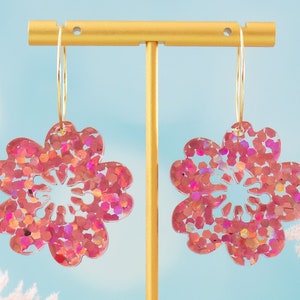 Cherry Blossom Hoop Earrings, Sakura Earrings, Holographic Flower Dangles, Spring Summer Jewelry image 1