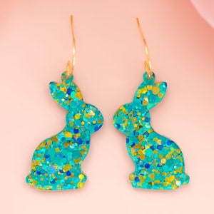 Bunny Earrings Easter Dangles, Blue Easter Jewelry, Statement Earrings