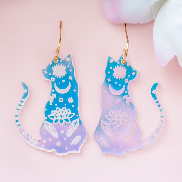 Cat Earrings, Celestial Jewelry, Iridescent Dangles, Witchy Earrings, Gifts For Her, Acrylic Jewelry For Women, Cat Mom