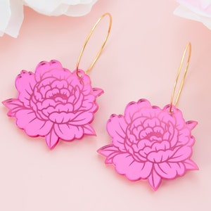 Pink Peony Hoop Earrings, Retro Earrings, Flower Dangles, Gift For Friend, Bold Earrings, Fun Jewelry, Gifts For Her, Self Gift Jewelry