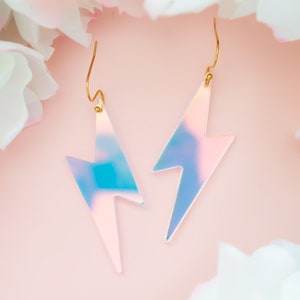 Lightning Bolt Earrings, Holographic Earrings, Retro Earrings, Acrylic Dangles, Gift For Friend, Bold Earrings, Fun Jewelry