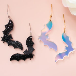 Bat Earrings Glitter Dangles, Halloween Earrings, Holographic Jewelry, Spooky Earrings Acrylic Dangles
