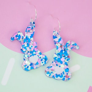 Bunny Earrings, Glitter Easter Bunny Earrings, Blue Pink Glitter Bunny Earrings, Pastel Rabbit Earrings