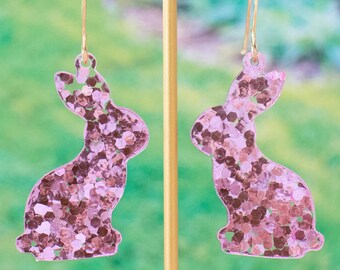 Pink Sequin Bunny Earrings Easter Dangles, Easter Jewelry, Statement Earrings