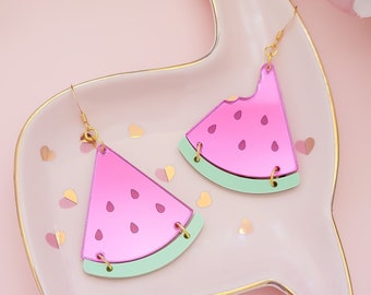 Pink Watermelon Earrings, Mismatch Earrings, Acrylic Dangles, Gift For Friend, Big Bold Earrings, Fun Jewelry, Gifts For Her