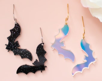 Bat Earrings Glitter Dangles, Halloween Earrings, Holographic Jewelry, Spooky Earrings Acrylic Dangles