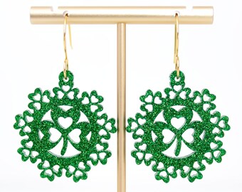 Glitter Shamrock Earrings: St Patrick's Day Acrylic Dangles