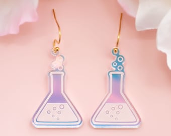 Science Earrings Holographic, STEM Jewelry, Flask Earrings
