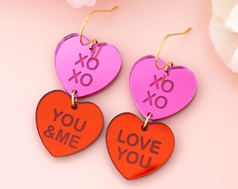 Valentines Earrings Conversation Hearts Dangles, Valentines Jewelry, Statement Earrings