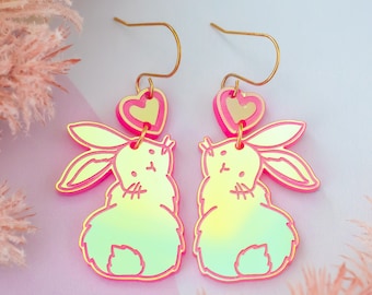 Holographic Bunny Easter Earrings, Rabbit Dangles, Pink Statement Earrings