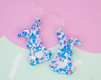 Bunny Earrings, Glitter Easter Bunny Earrings, Blue Pink Glitter Bunny Earrings, Pastel Rabbit Earrings