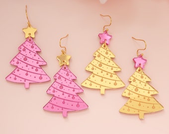 Christmas Tree Earrings, Acrylic Dangles, Festive Jewelry, Pink Christmas Tree, Holiday Earrings, Holiday Statement Earrings