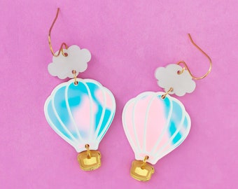 Hot Air Balloon Earrings, Holographic Earrings, Retro Earrings, Acrylic Dangles, Party Earrings, Bold Earrings, Fun Jewelry