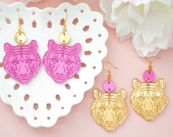 Pink and Gold Tiger Earrings: Bold Animal Jewelry