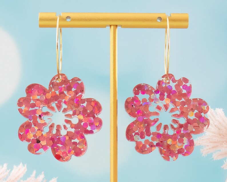 Cherry Blossom Hoop Earrings, Sakura Earrings, Holographic Flower Dangles, Spring Summer Jewelry image 1