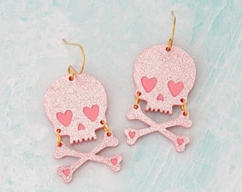 Pink Glitter Skull Earrings Acrylic Dangles, Halloween Earrings, Gothic Jewelry