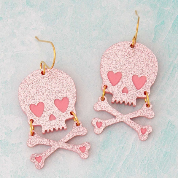 Pink Glitter Skull Earrings Acrylic Dangles, Halloween Earrings, Gothic Jewelry