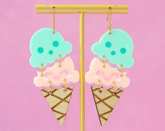 Ice Cream Cone Earrings, Cute Acrylic Dangles, Bold Earrings, Fun Jewelry, Gifts For Her, Summer Earrings, Kawaii Jewelry