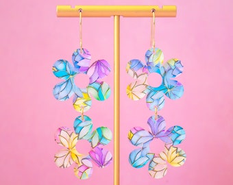 Pastel Retro Daisy Earrings, Pink Green Flower Earrings, Groovy Jewelry