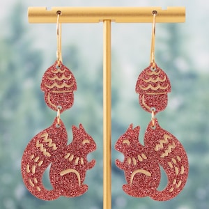 Squirrel Acorn Earrings, Fall Statement Dangles, Glitter Autumn Jewelry