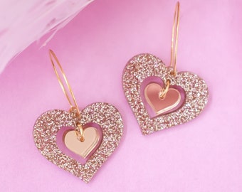 Valentines Earrings Rose Gold Heart Hoops, Valentines Jewelry, Statement Earrings