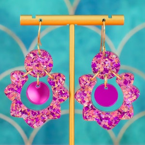 Lila Jakobsmuschel Ohrringe, Statement Schmuck, Rosa Acryl Bold Ohrhänger