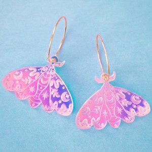 Moth Hoop Earrings, Celestial Jewelry, Iridescent Dangles, Witchy Earrings, Gifts For Her, Acrylic Jewelry For Women